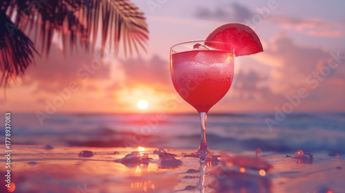 Vibrant pink cocktail glass with citrus slice on tropical beach at sunset