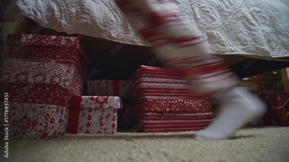 Fototapeta premium Joyful footsteps: child in holiday pajamas sneaking past christmas gifts under bed