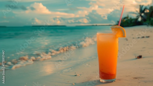 Golden orange cocktail glass near shoreline with soft foamy waves