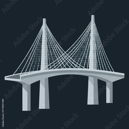 Illustration of a cable-stayed bridge with two towers and many cables.