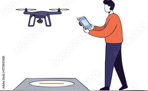 A man operates a drone with a remote control on a landing pad.