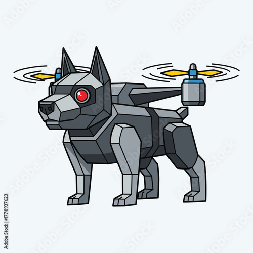Illustration of a robotic dog with propellers on its back.
