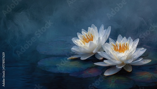 Two White Water Lilies on Dark Water Background.