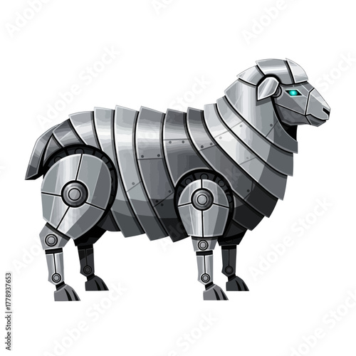 Illustration of a robotic sheep made of metal plates and circular joints.