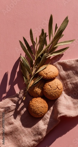 Three golden brown cookies on a light pink cloth with olive branches.