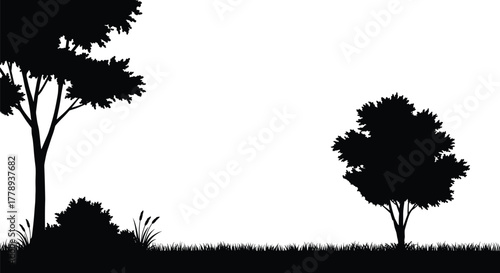 Tree and grass landscape silhouette vector illustration on white background, nature scenery design for outdoor environment art, cad drawing flat vector illustration