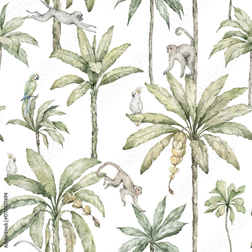 Photography Watercolor seamless pattern with monkeys and palm trees