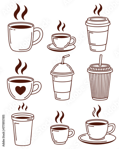 Steaming coffee cups outline set