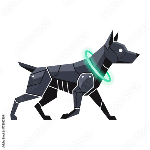 Illustration of a futuristic robotic dog with a glowing green collar.