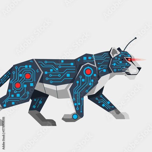 Cybernetic jaguar with circuit board patterns and a red laser beam.
