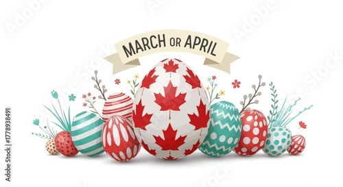 Canadian Easter Eggs with Maple Leaf Design and Spring Decorations.