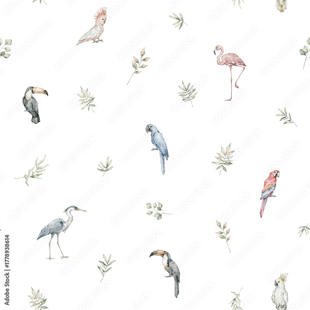 Naklejka premium Watercolor seamless pattern with African birds and leaves. parrots, toucan, crane. Tropical, jungle background for wallpaper, textile.