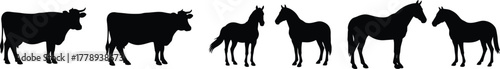Cow and horse silhouette vector illustration on white background, farm animal collection, livestock design for agriculture and nature concept, cad drawing flat vector illustration