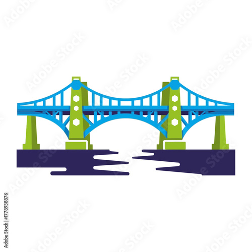 Vibrant blue and green cartoon bridge illustration with two main towers and a gap below, symbolizing connection.