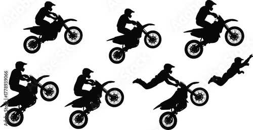 Motocross stunt riders performing mid-air jumps and freestyle tricks on dirt bikes, extreme sports silhouettes, adventure, competition, cad drawing flat vector illustration