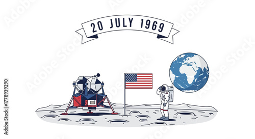 Apollo 11 Moon Landing July 20 1969 Astronaut on the Moon with Earth.