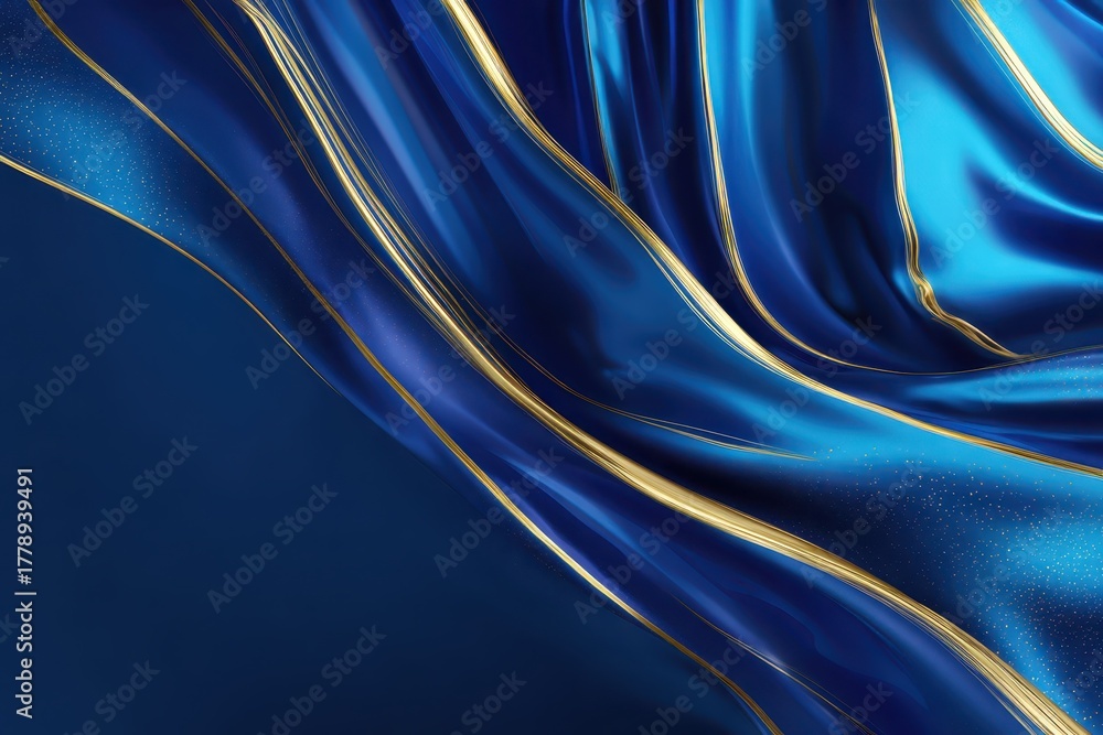 Fototapeta premium Elegant blue pattern widescreen panorama background featuring silky fabric waves with golden accents, perfect for presentations or design projects