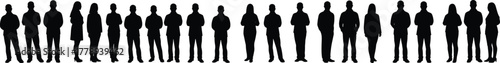 Silhouette of diverse people standing in line, teamwork and unity concept, business group illustration, black vector human crowd design art