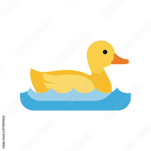 Cute yellow rubber duck toy floating happily in blue water.