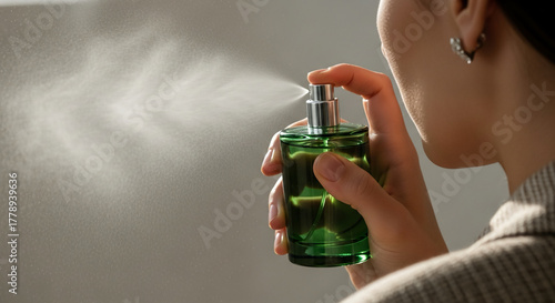 Spray perfume Woman applying fragrance from green bottle for personal care