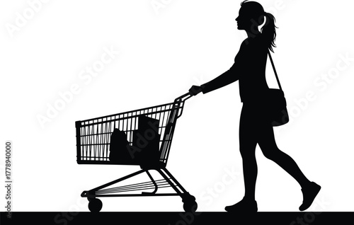 Silhouette of woman pushing shopping cart with groceries, isolated vector illustration, retail customer concept, supermarket buyer design, cad drawing flat vector illustration
