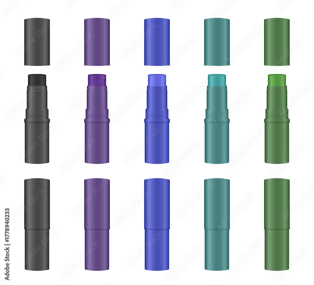 Obraz premium Mockup of open and closed cosmetic sticks. Cosmetic tube. Eye shadow pen, highlighter or bronzer. Face paint. Green. teal, blue, purple, and black containers.