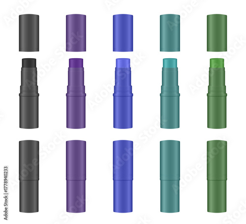 Mockup of open and closed cosmetic sticks. Cosmetic tube. Eye shadow pen, highlighter or bronzer. Face paint. Green. teal, blue, purple, and black containers.