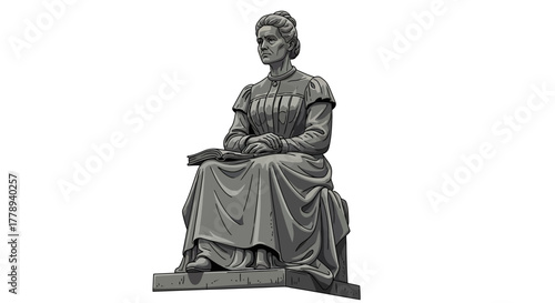 Black and white statue of a seated historical woman on a white background.