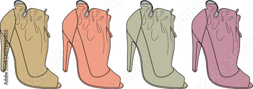Fashion illustration of a set of elegant women's booties with high heels, showing a colorful palette of modern footwear designs
