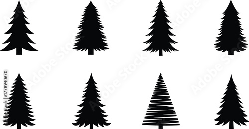 Collection of stylized black pine and fir trees on a white background