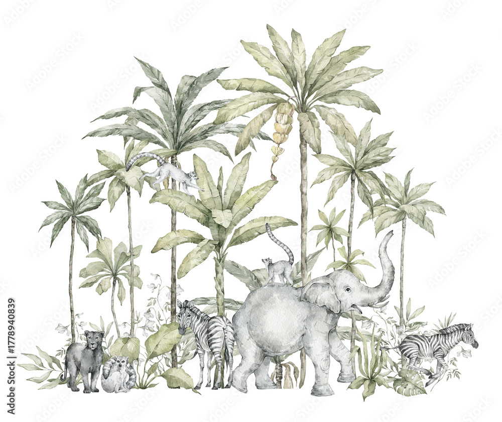 Fototapeta premium Watercolor composition with African animals, nature elements. Giraffe, elephant, monkeys, parrots, palm trees, greenery. Safari, wild jungle, tropical illustration