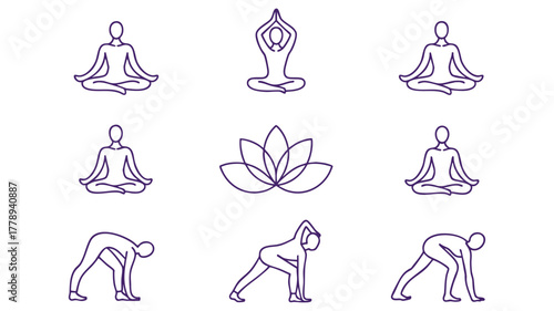 Yoga and wellness line art icons