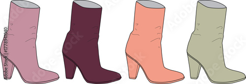 A vibrant collection of four stylish women's boots in various fashionable hues, showcasing a spectrum of color choices for modern footwear