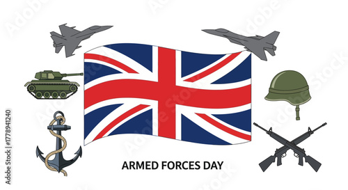 British Armed Forces Day Celebration with Union Jack Flag and Military Symbols.