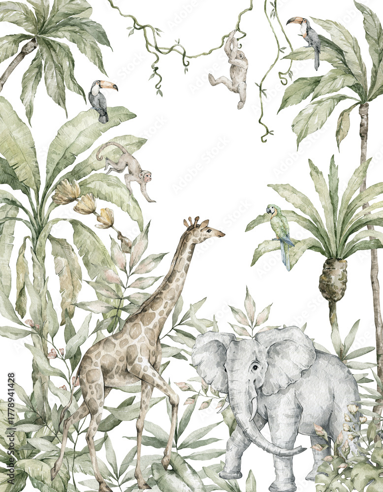 Fototapeta premium Watercolor composition with African animals and nature elements. Elephant, giraffe, monkeys, palm trees, greenery. Safari wild creatures. Jungle, tropical illustration for nursery wallpaper