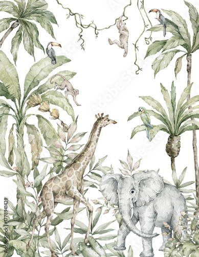 Photography Watercolor composition with African animals and nature elements