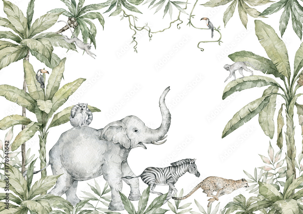 Obraz premium Watercolor composition with African animals and nature elements. Elephant, zebra, cheetah, lemurs, monkeys, parrots, palms. Safari wild creatures. Jungle, tropical illustration for nursery wallpaper