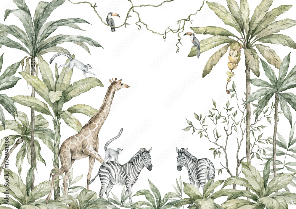 Fototapeta premium Watercolor composition with African animals and nature elements. Giraffe, zebra, lemure, palm trees, greenery. Safari wild creatures. Jungle, tropical illustration for nursery wallpaper