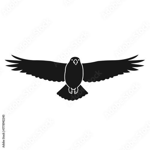 Silhouette of a bird with outstretched wings flying forward.