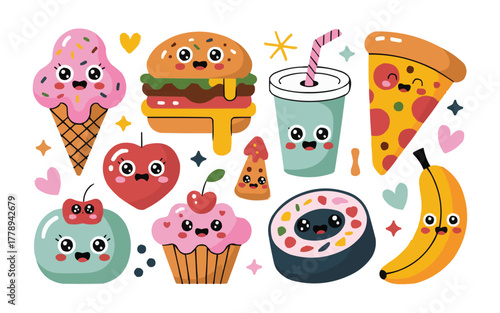Kawaii food friends party, fun colorful cartoon characters, perfect for kids menu, playful designs, bright dessert, snack, and meal icons.
