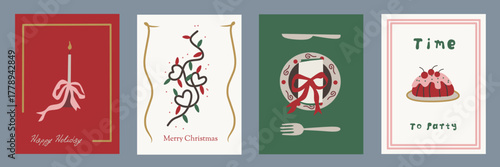 Hand drawn la dolce vita Christmas doodles. Vector illustration cards icon with bows, ribbons and candle. Minimalist winter holiday for invitations, stationery, printables, social media, wall art.