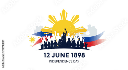 Philippines Independence Day celebration with people silhouettes and national flag.