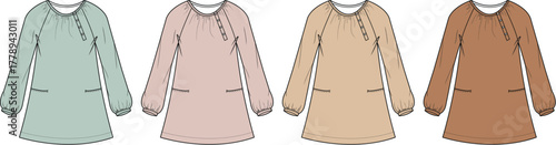 Four illustrated smock dress styles in pastel color options mint green, blush pink, tan, and mocha brown, each featuring a gathered neckline and pockets