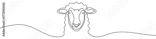 Sheep head in one line art style. Drawing of a sheep face with characteristic curly wool with editable black stroke on a white background. Vector illustration.