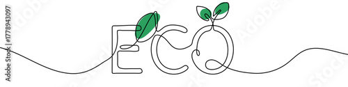 "ECO" word in one line art style. The inscription "ECO" where some letter elements are stylized as leaves, with editable black stroke and color on a white background. Vector illustration.