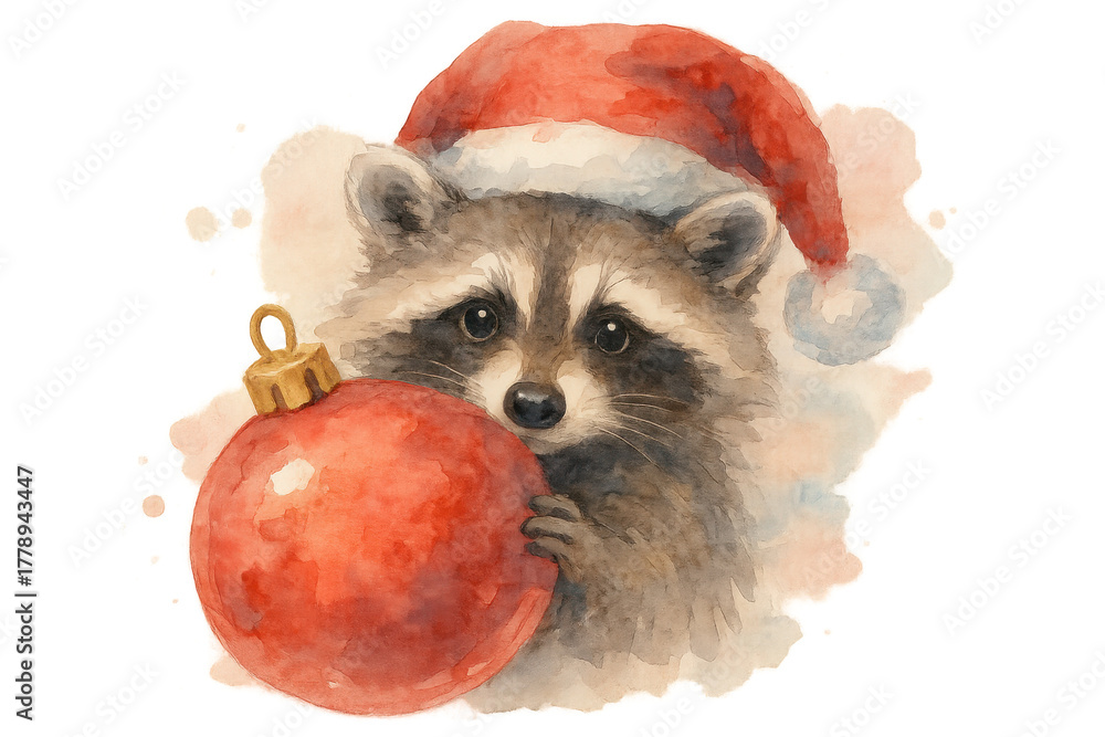 Naklejka premium Raccoon wearing a santa hat and holding a red christmas ornament, watercolor illustration for festive winter holidays