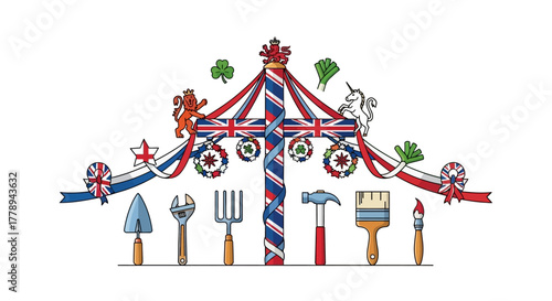 Maypole with Union Jack Ribbons and Tools Representing British Trades and Culture.