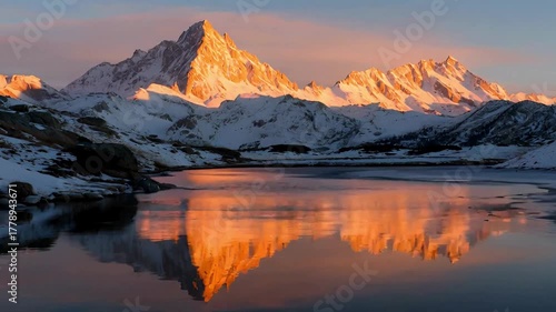 snowy mountains with sunrise alpenglow reflected in a clear alpine lake