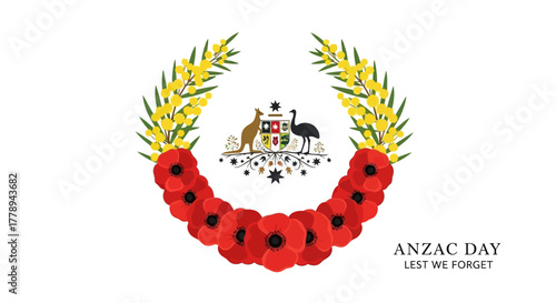 Anzac Day Remembrance with Poppies and Australian Coat of Arms.