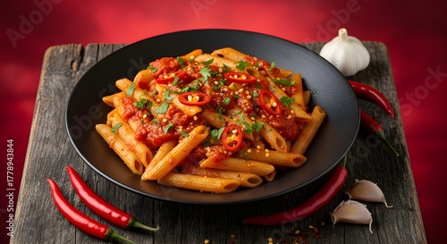 Spicy penne pasta in tomato chili sauce with herbs